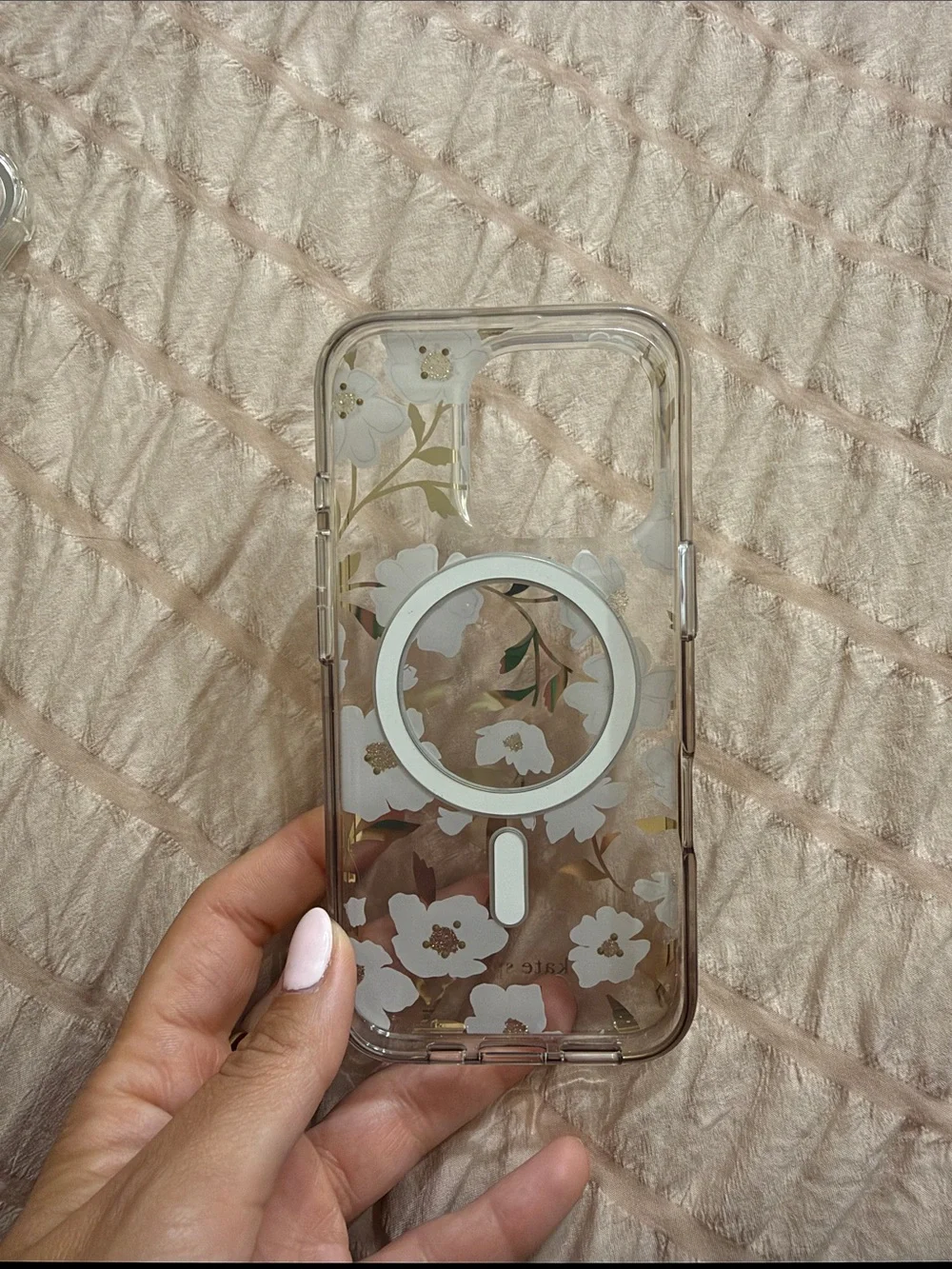 kate spade Clear Floral Phone Case with White Flowers and Gold Leaves